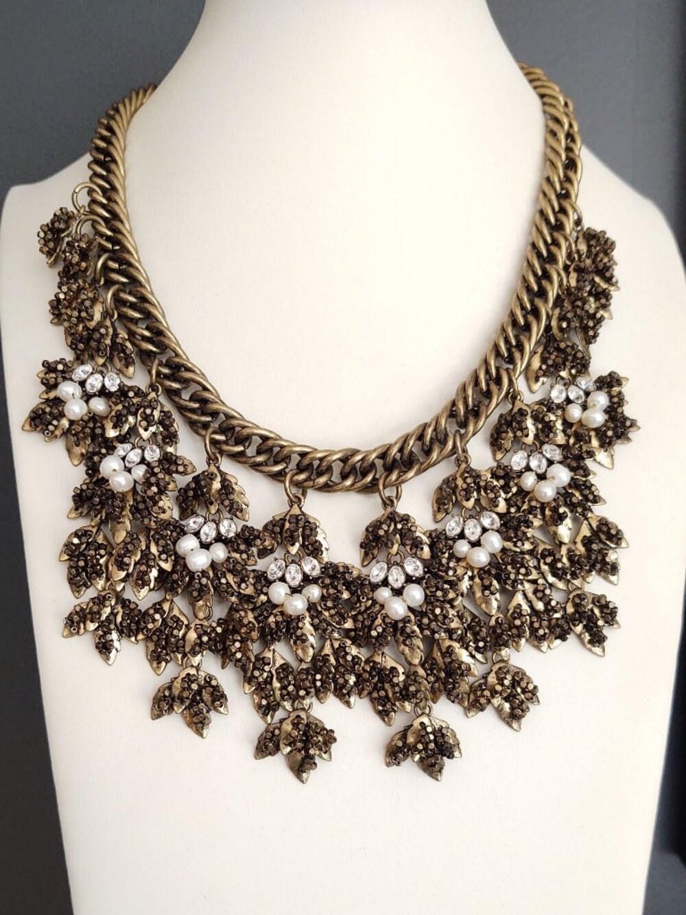 Leaf motif elaborate heavy antique brass, pearl and crystal statement necklace